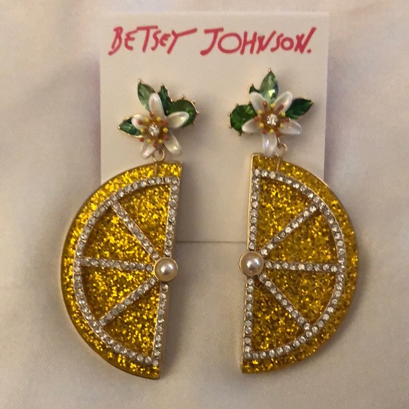 Betsey Johnson Gold Tone & Yellow Lemon Slice Drop Earrings Crystal Accents NWT - Picture 2 of 11
